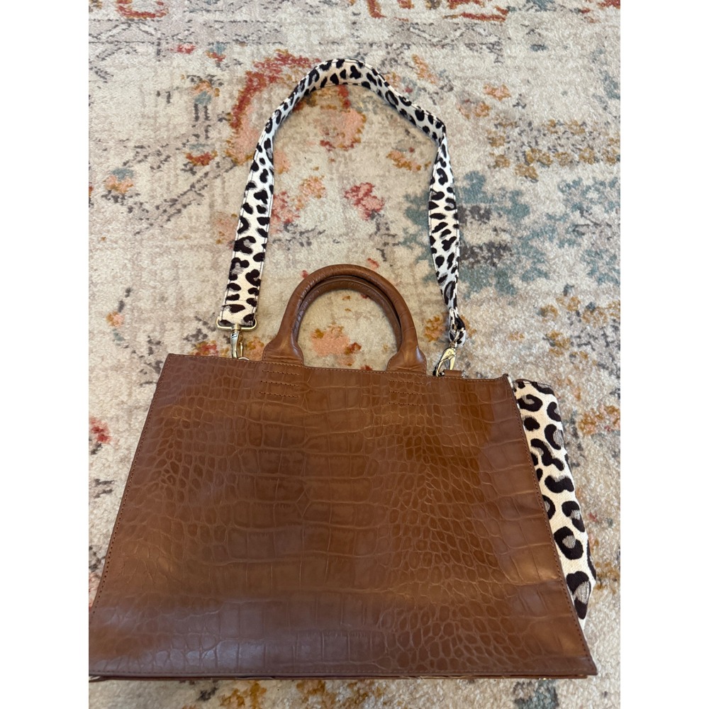 Chico's Brown Croc Embossed Leopard Print Tote Bag Satchel Animal Fall